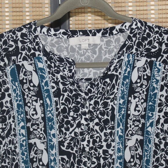 LOFT Navy White & Teal Blouse with Woodland Creatures and Unicorn Motif - Picture 5 of 8